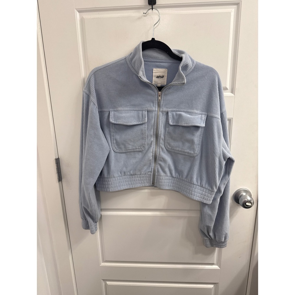 Aerie Womens Corduroy Full Zip Cropped Jacket Light Blue Mock‎ Neck Medium